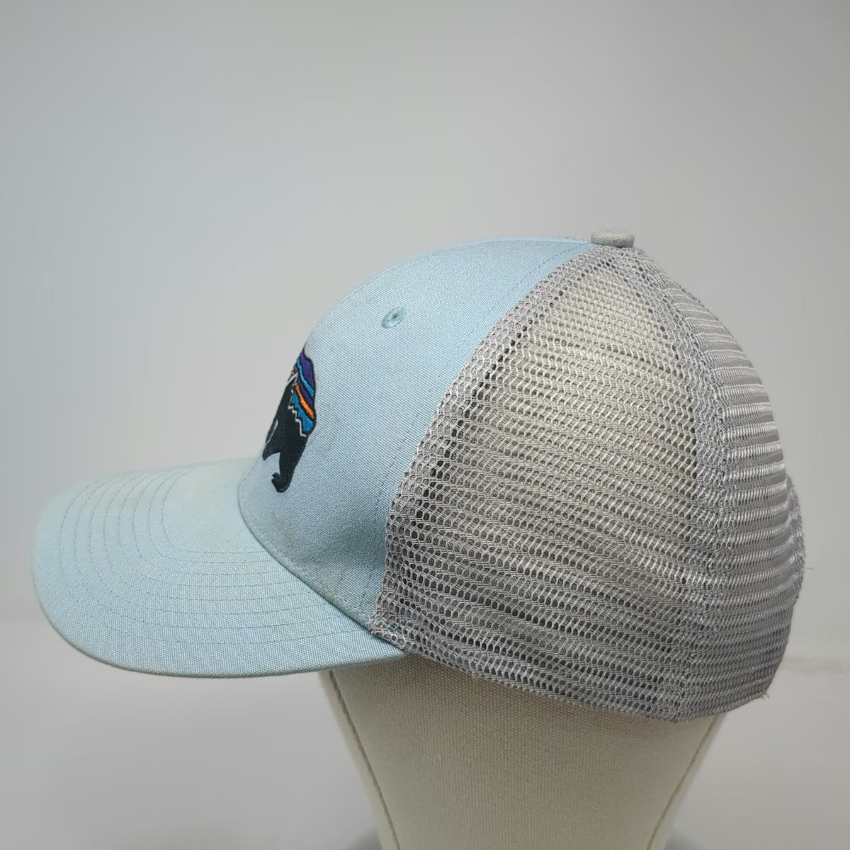Patagonia Trucker Hat Blue One Size Bear Fitz Roy Logo Mesh Snapback Hiking Gray