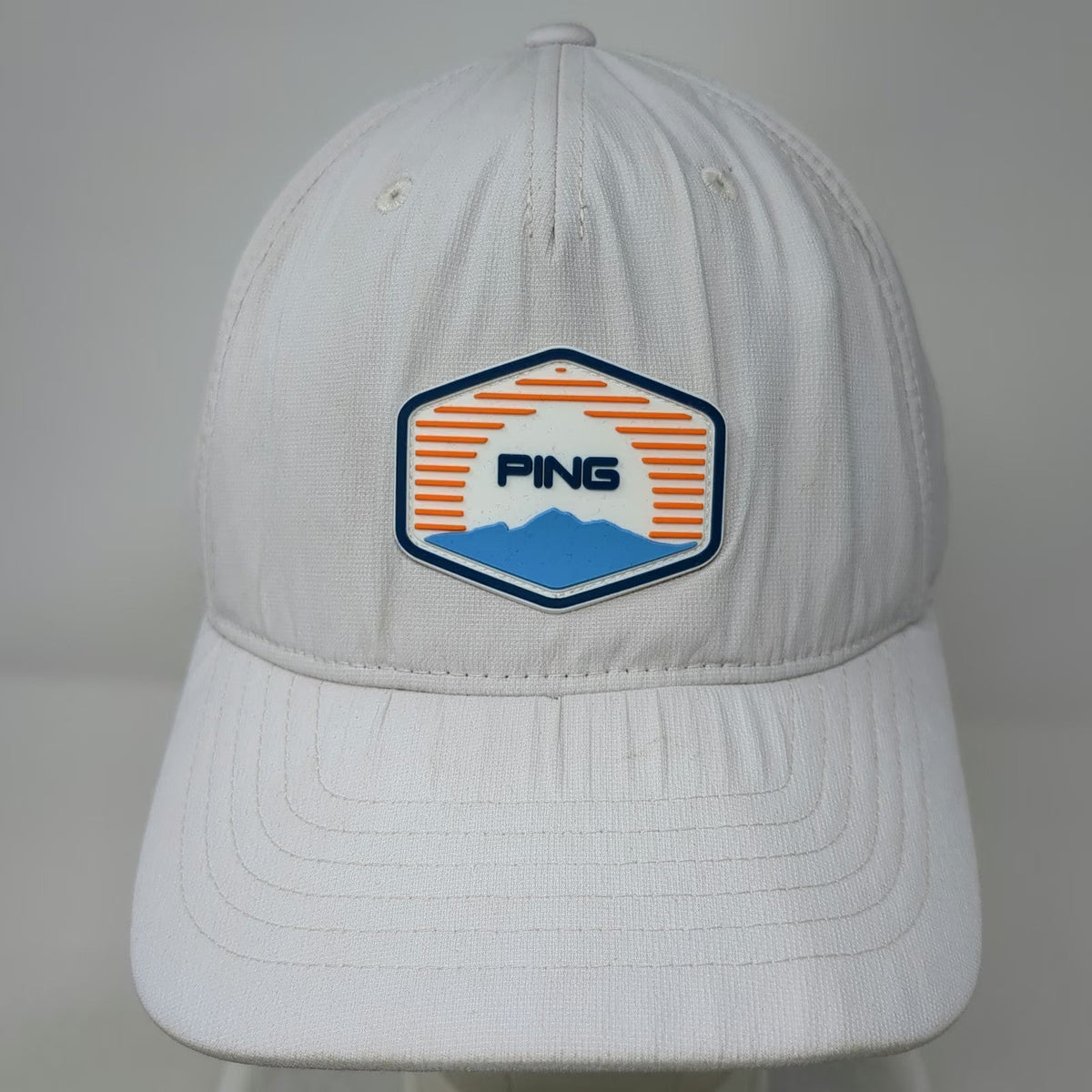 PING 5 Panel Hat White One Size Golf Sunset Mountain Patch Snapback Flexfit 110