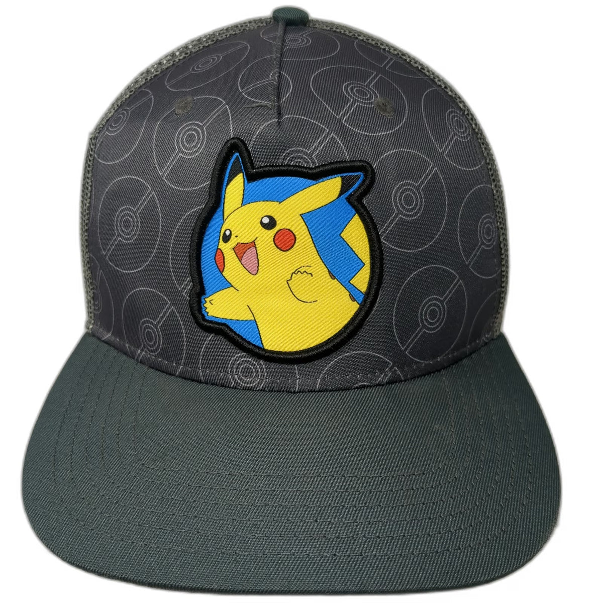 Pokemon Trucker Hat Gray One Size Pikachu Poke Ball Mesh Snapback Flat Brim Logo