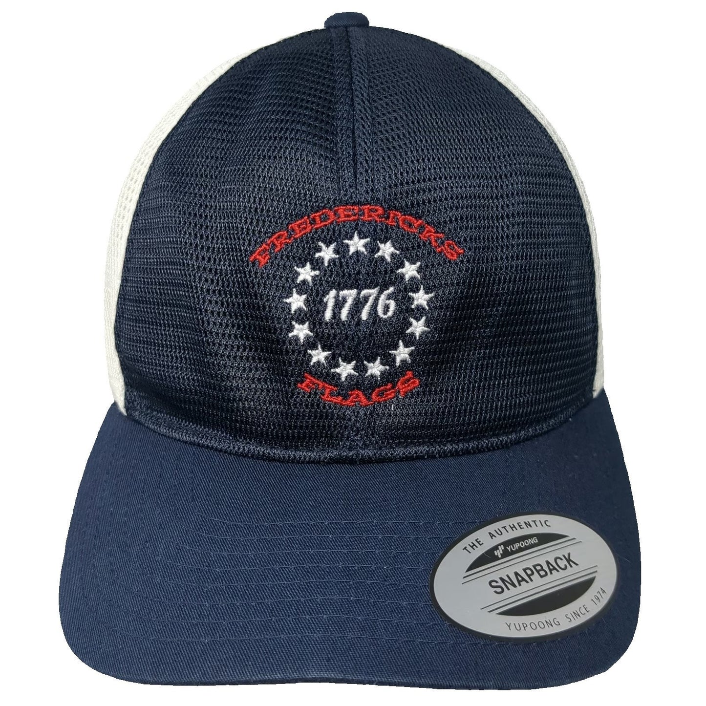 Yupoong Trucker Hat Blue One Size Snapback Mesh 1776 Fredericks Flags USA Theme