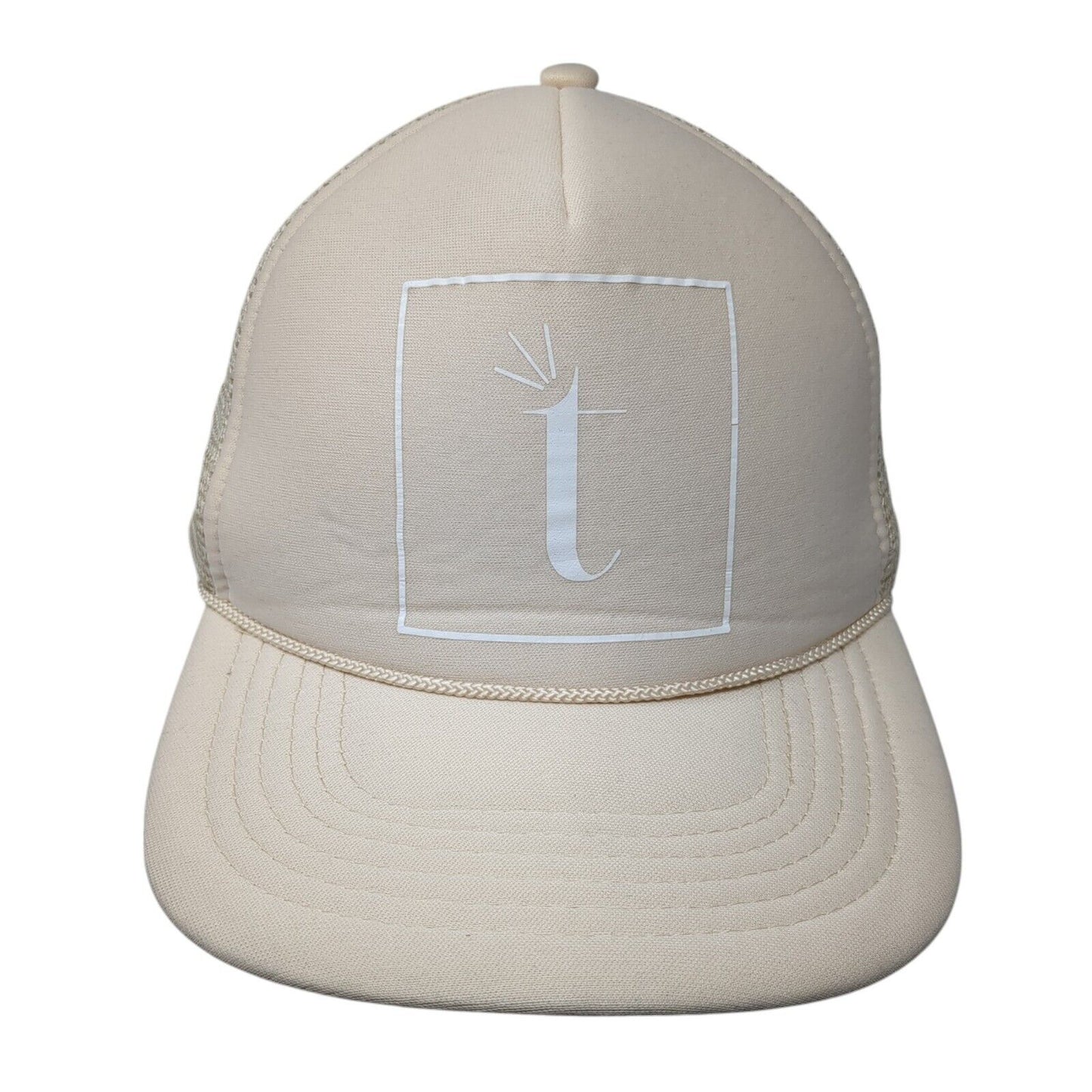 Letter T Logo Snapback Rope Trucker Hat Tan One Size Mesh Back Cameo
