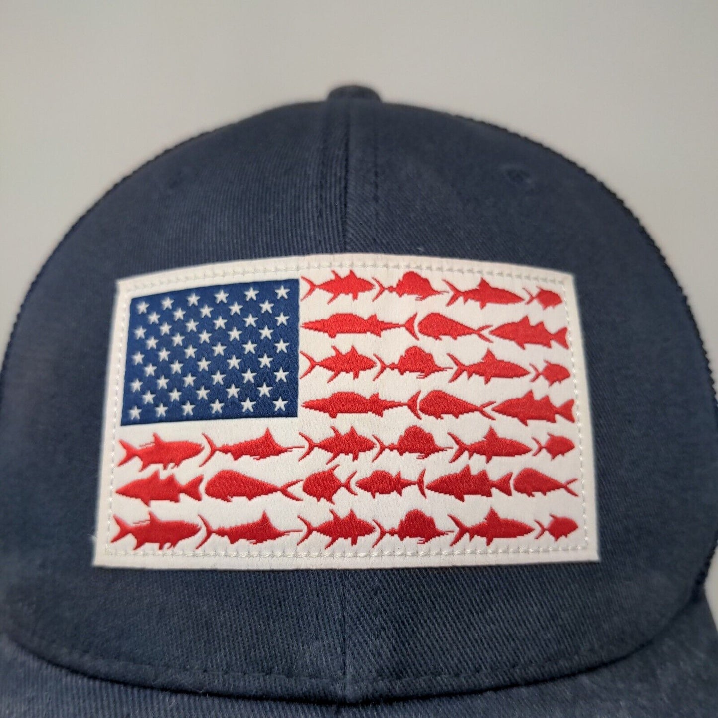 Columbia PFG Men's Fitted Hat Blue Size S/M Embroidered Fish Flag Patriotic