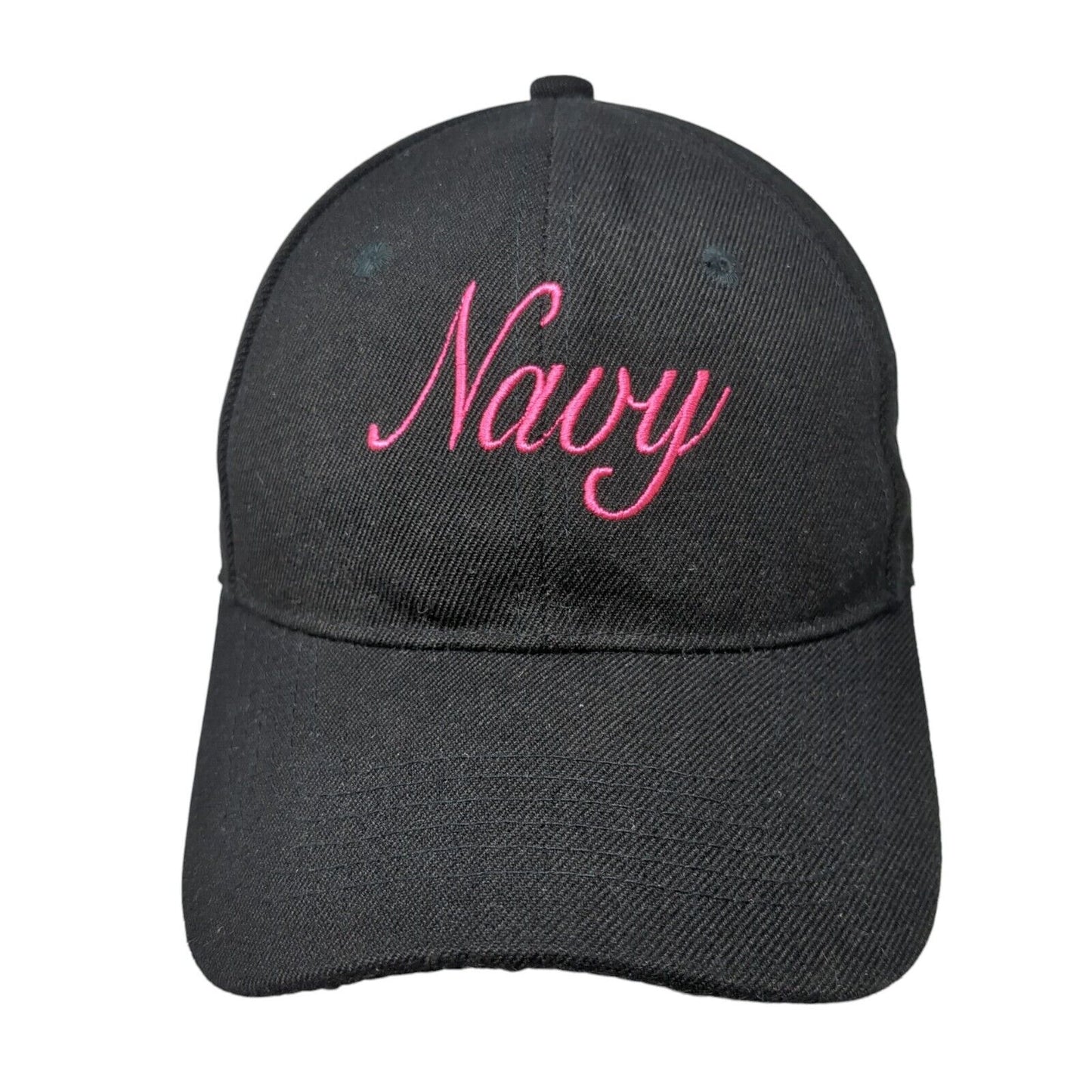 Navy Strapback Hat Black One Size Adjustable Embroidered Vented Holes 6 Panel