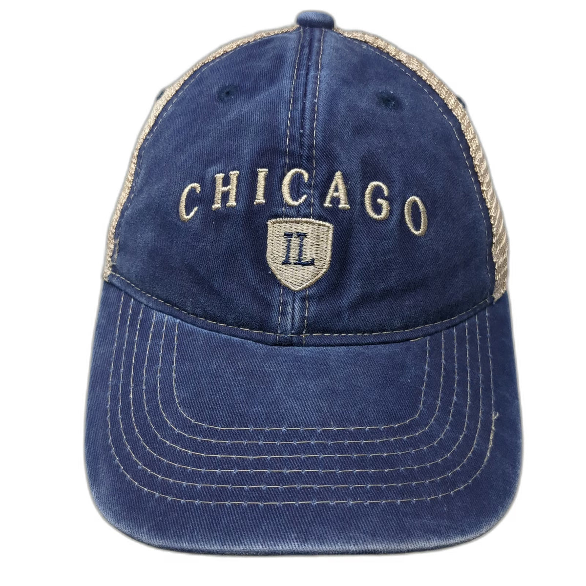 Sunkiss Kap Chicago IL Blue Beige Trucker Hat One Size Snapback Mesh Green Brim