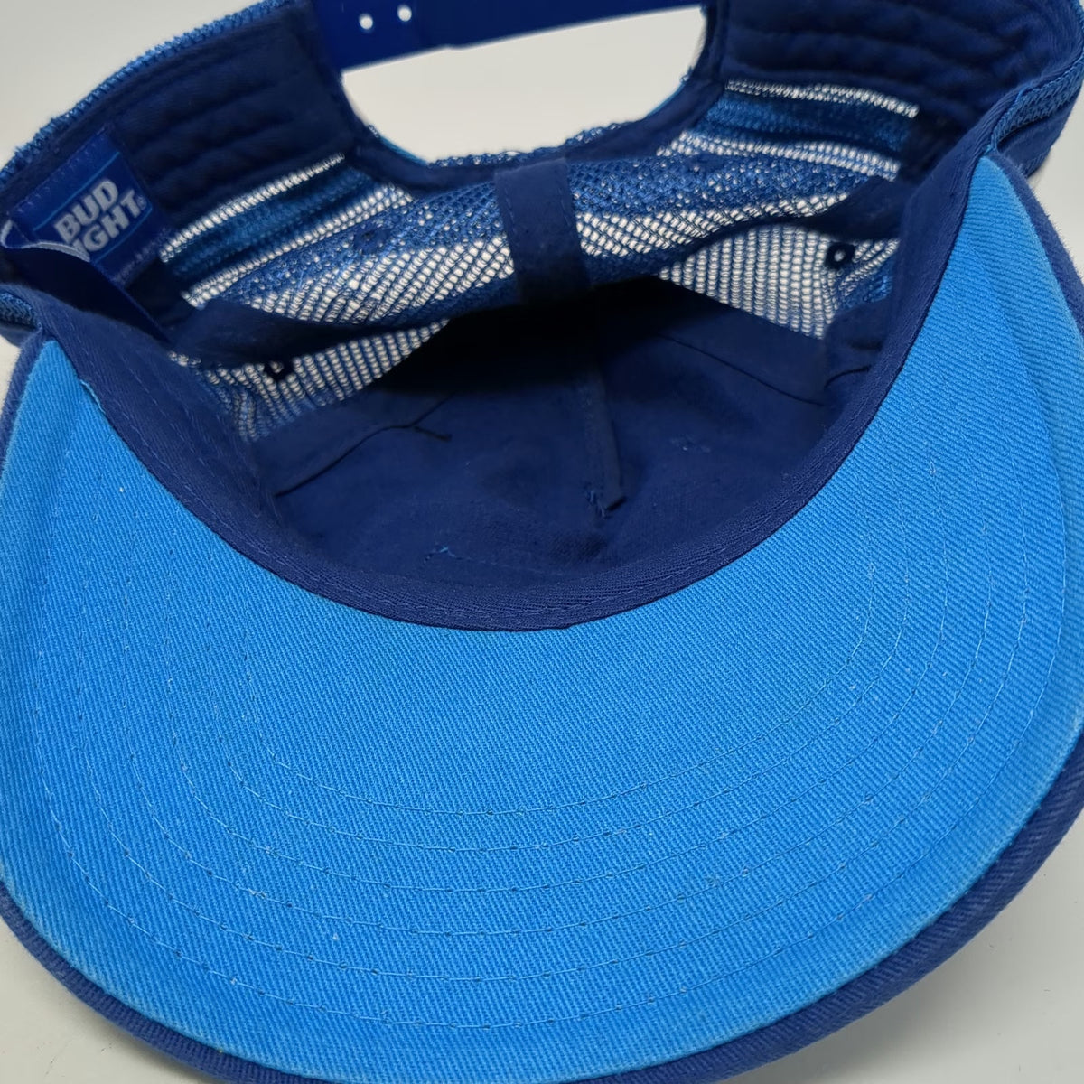 Bud Light Trucker Hat Blue One Size Snapback Patch Logo Mesh Back Stripes Beer