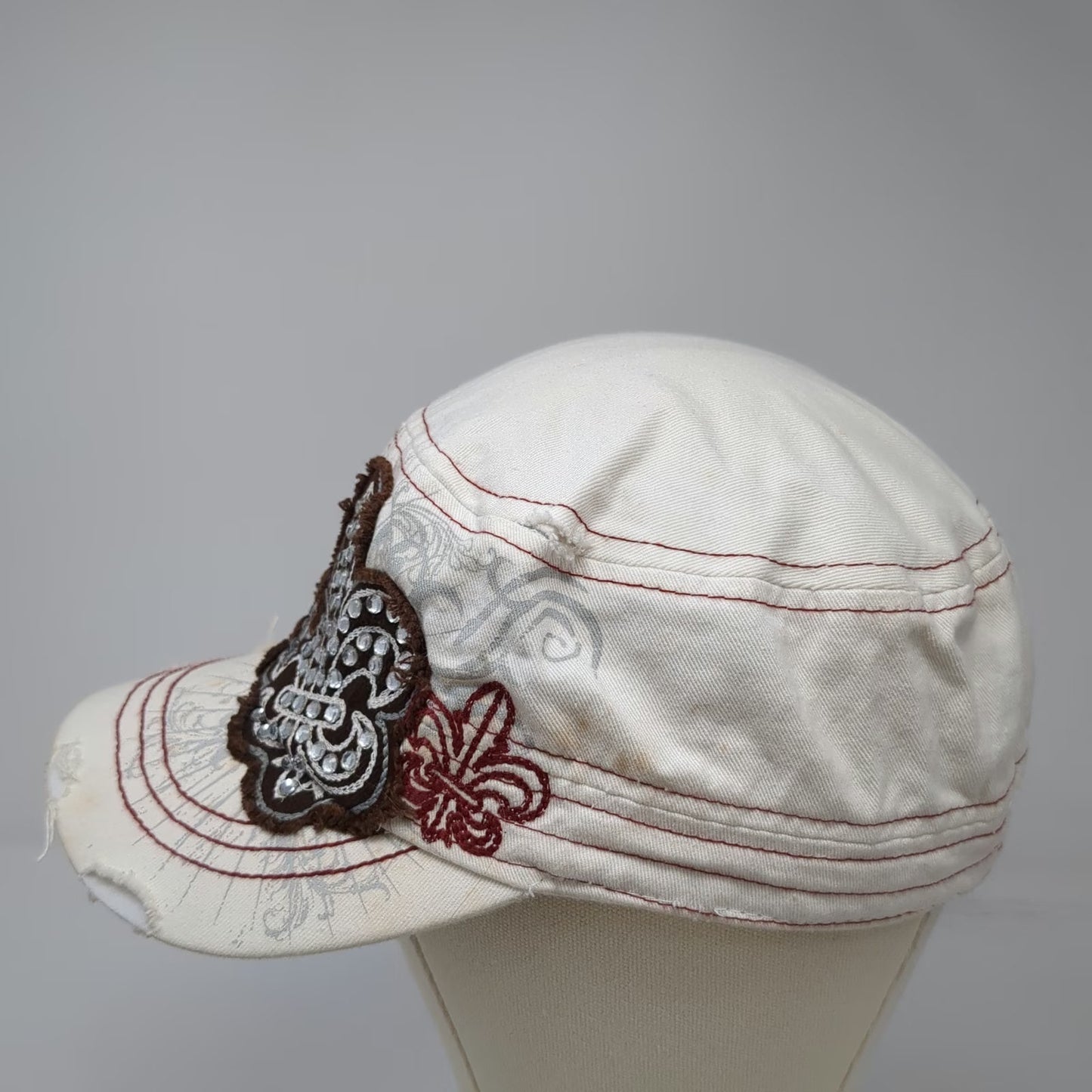 Leader Army Cap White One Size Sequined Fleur-de-Lis Distressed Cotton Hat