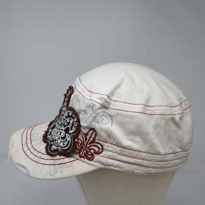 Leader Army Cap White One Size Sequined Fleur-de-Lis Distressed Cotton Hat