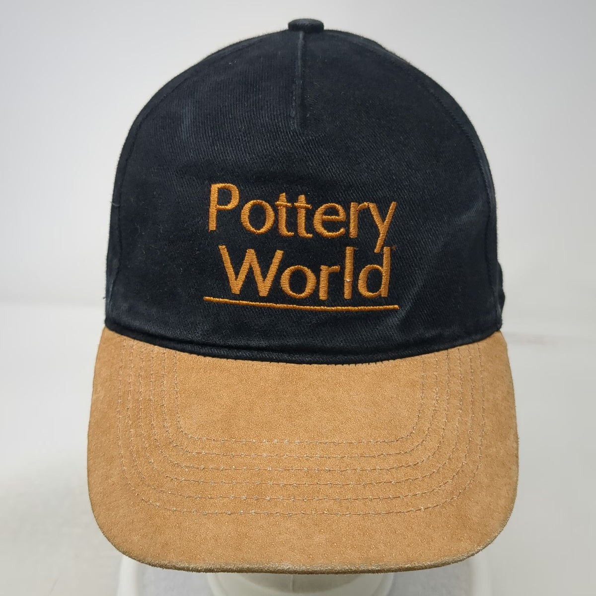 Pottery World Baseball Cap Black Brown One Size Suede Brim Cotton Strapback Hat