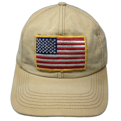 P-Tag Baseball Cap Hat Beige American Flag Patch USA Made Slideback Vintage