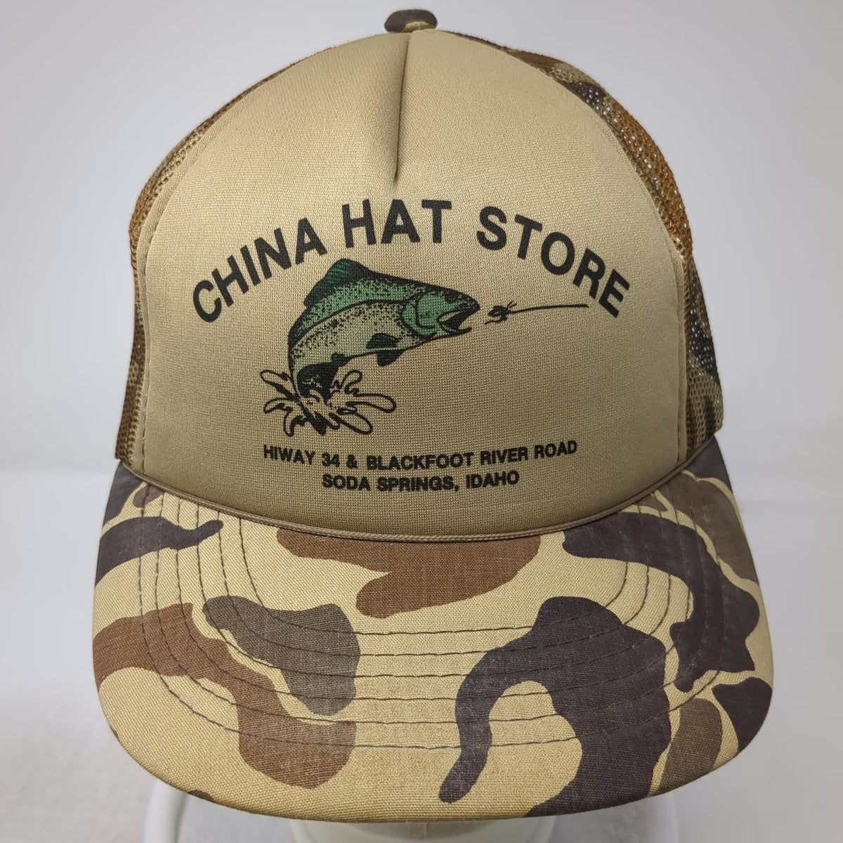 That Hat Trucker Hat Beige One Size Camo Mesh Back Fishing Idaho Store Trout