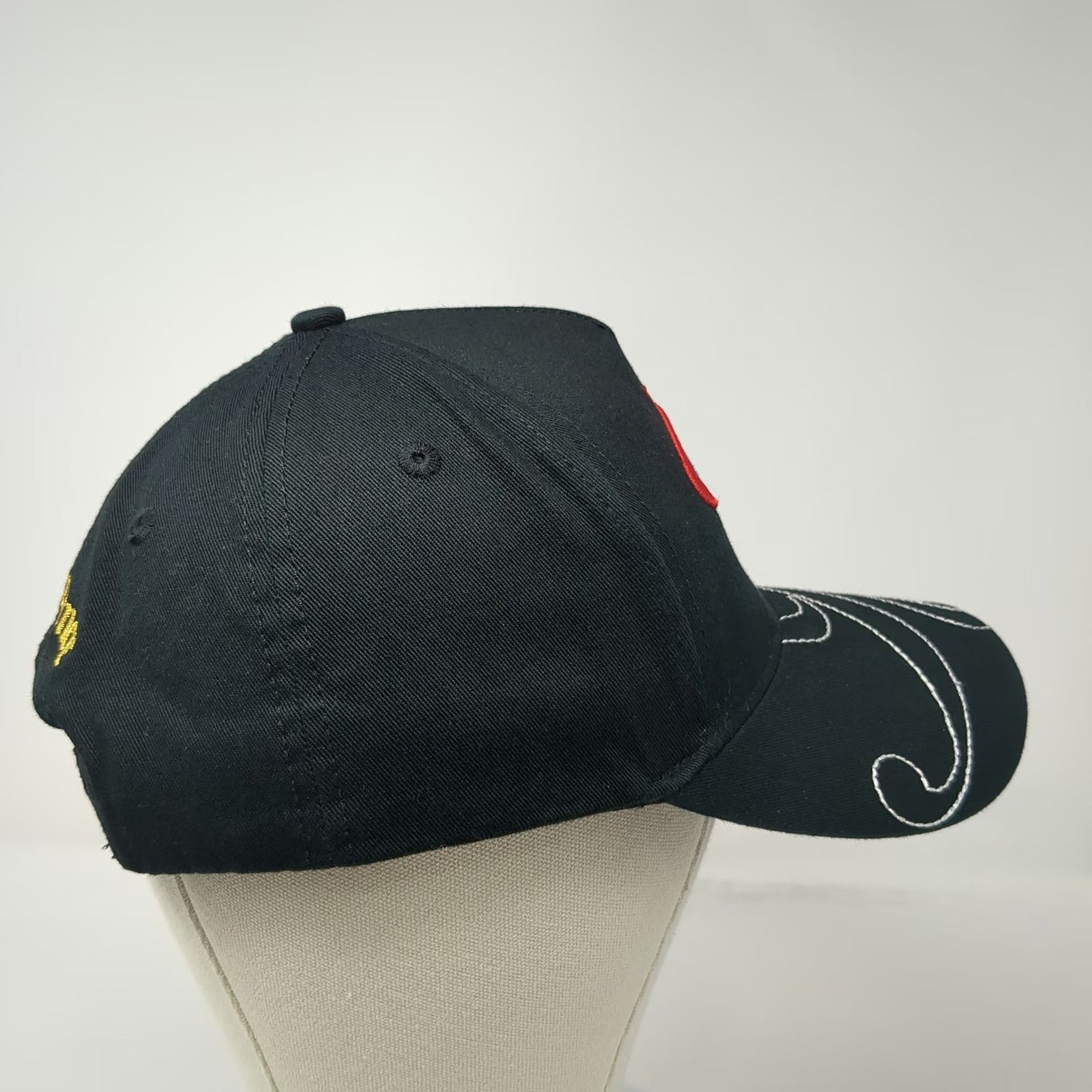 Reference 5 Panel Black Hat One Size Graphic Brim Snapback Script Embroidery