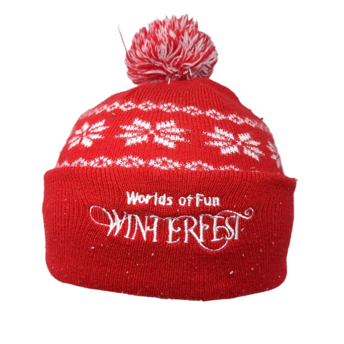 Worlds of Fun Winterfest Knit Pom Pom Beanie Hat Red One Size Fair Isle