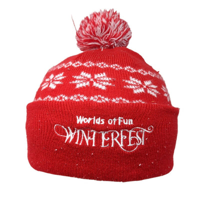 Worlds of Fun Winterfest Knit Pom Pom Beanie Hat Red One Size Fair Isle