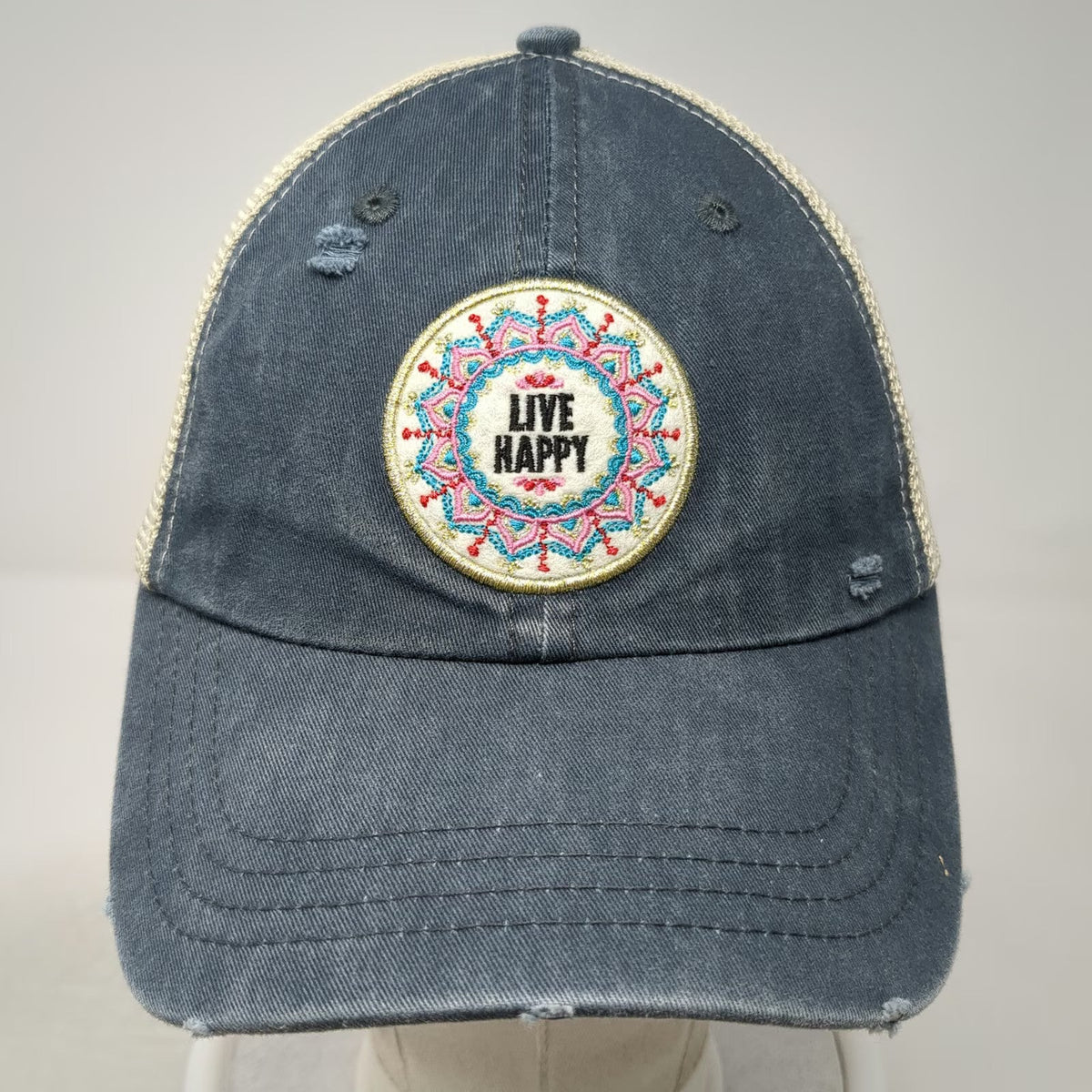 Natural Life Trucker Hat Blue One Size Mandala Mesh Back Snapback Graphic Happy