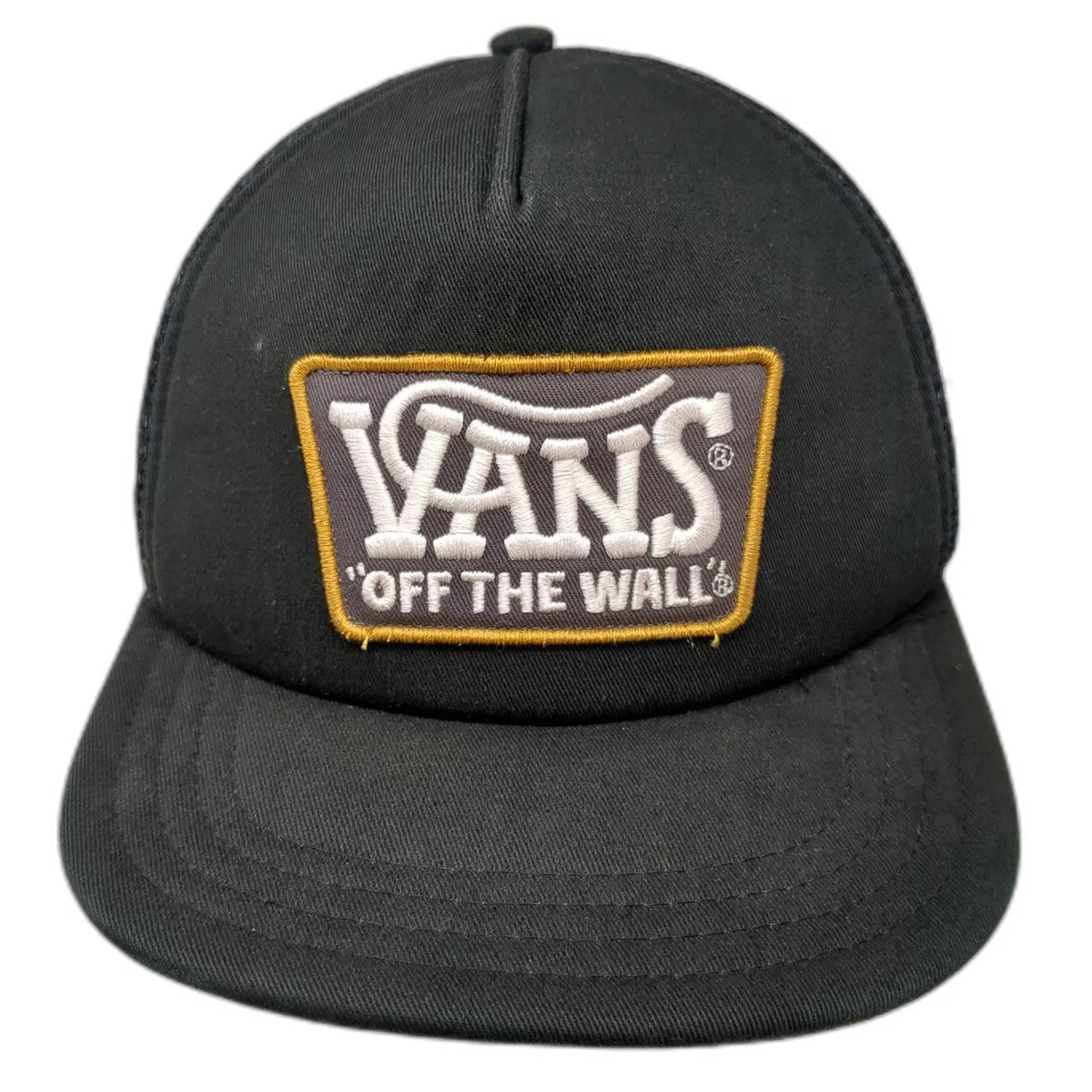 Vans Trucker Hat Black One Size Mesh Back Front Logo Patch Snapback Flat Brim