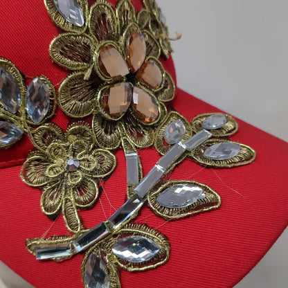 Red Baseball Cap One Size Floral Gold Embroidery Gemstone Rhinestone Hat Bling