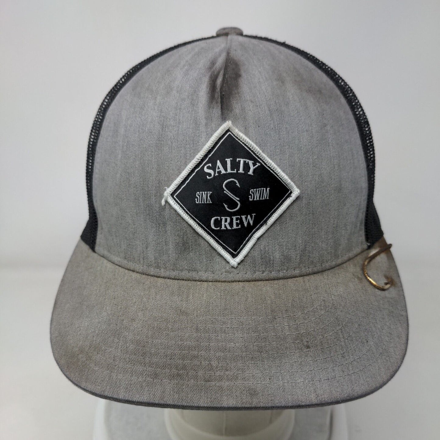 Salty Crew Patch Snapback Mesh Back Trucker Hat Gray OSFM Fishing Hook