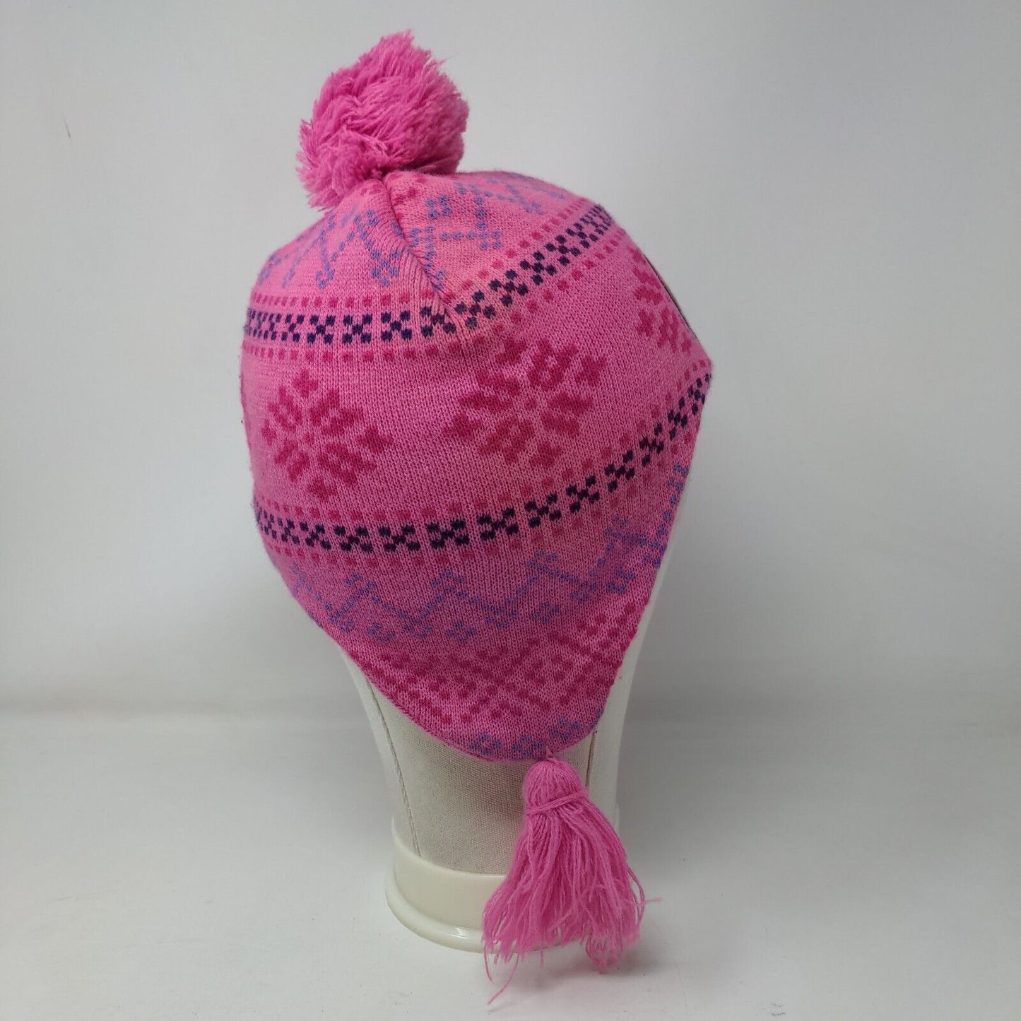 Disney Frozen Knit Pom Pom Beanie Hat Pink One Size Ear Flap Fair Isle