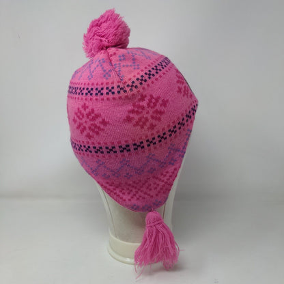 Disney Frozen Knit Pom Pom Beanie Hat Pink One Size Ear Flap Fair Isle