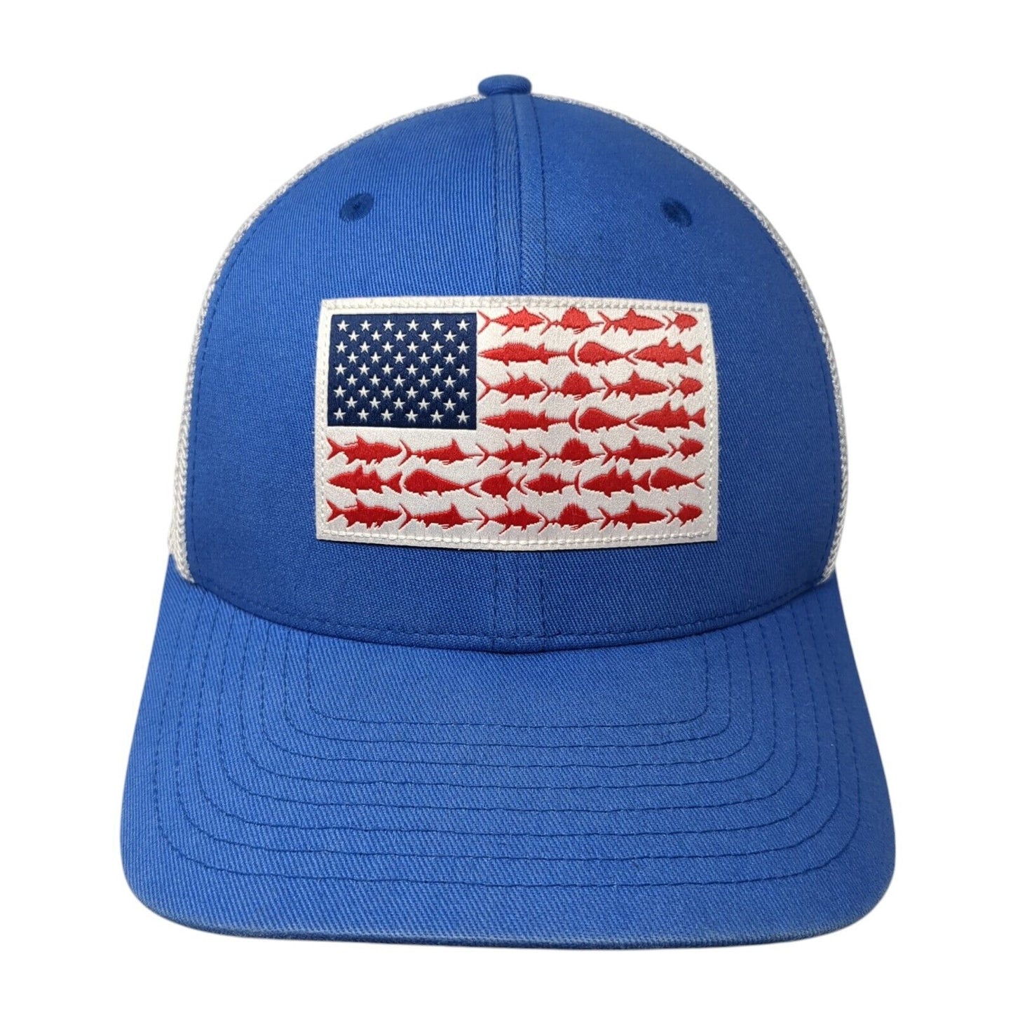 Columbia PFG Fitted Mesh Back Trucker Hat Blue S/M USA Fish Flag Patch