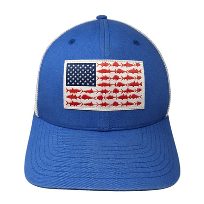 Columbia PFG Fitted Mesh Back Trucker Hat Blue S/M USA Fish Flag Patch