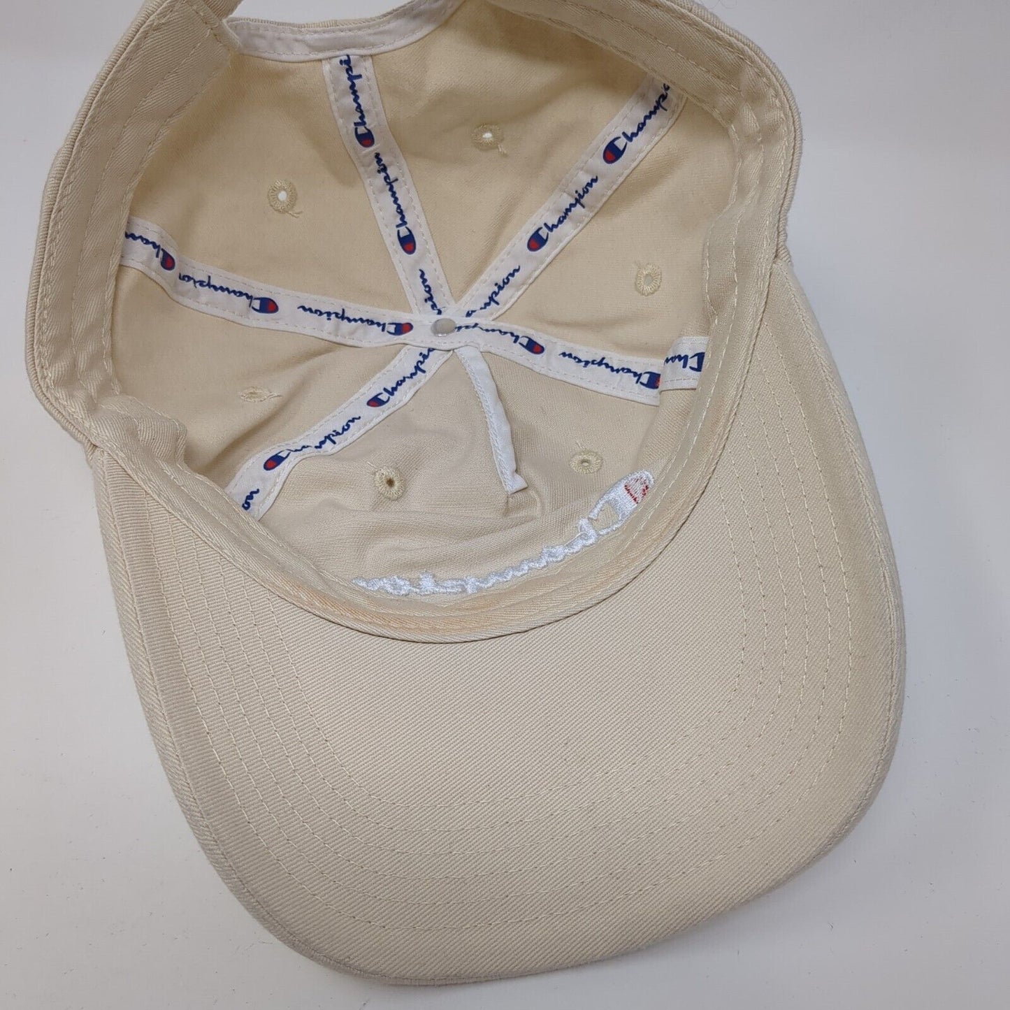 Champion Slideback Hat Tan One Size Adjustable Embroidered Vented Holes 6 Panel