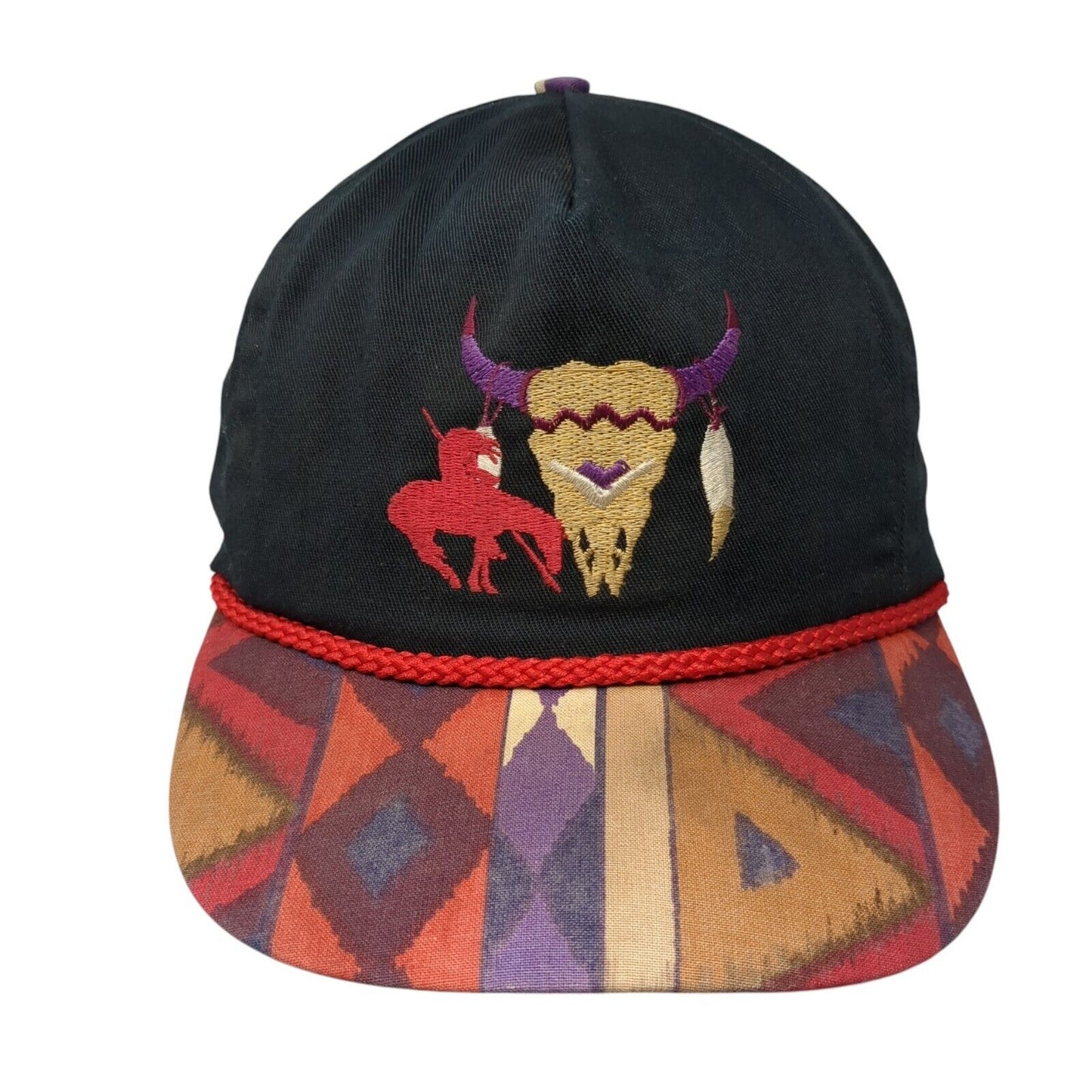 Vintage Bob Massey Tie Back Trucker Hat Black Southwest Pattern USA Skull