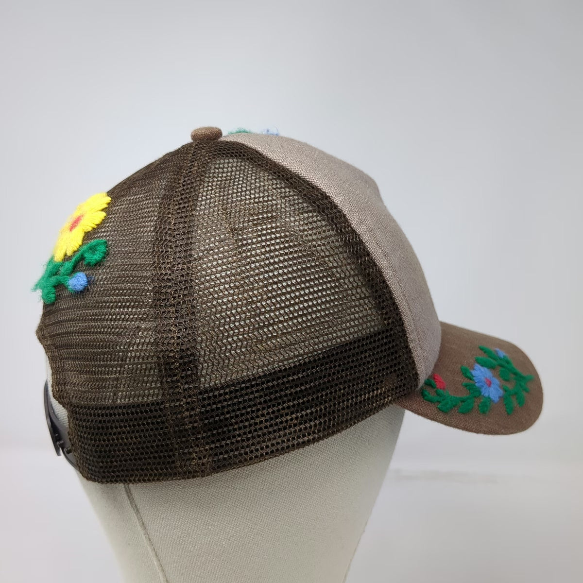 Brown Trucker Hat One Size Floral Embroidery Mesh Snapback Flower Burlap Style