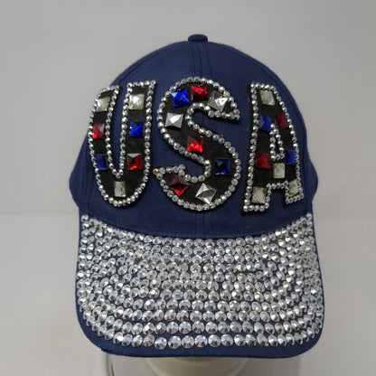 USA Rhinestone Studded Bling Strapback Hat Blue One Size Adjustable