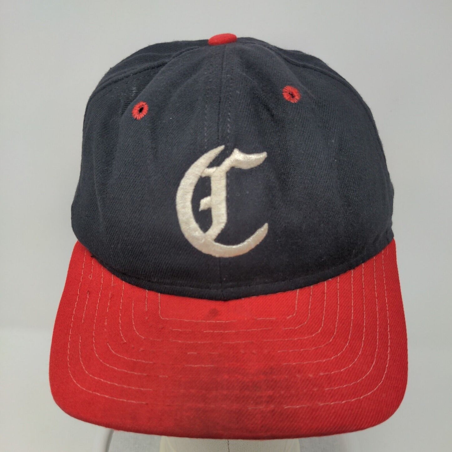 Vintage New Era Fitted Hat Blue Red Size 7 Made USA Embroidered C Arrowhead Logo