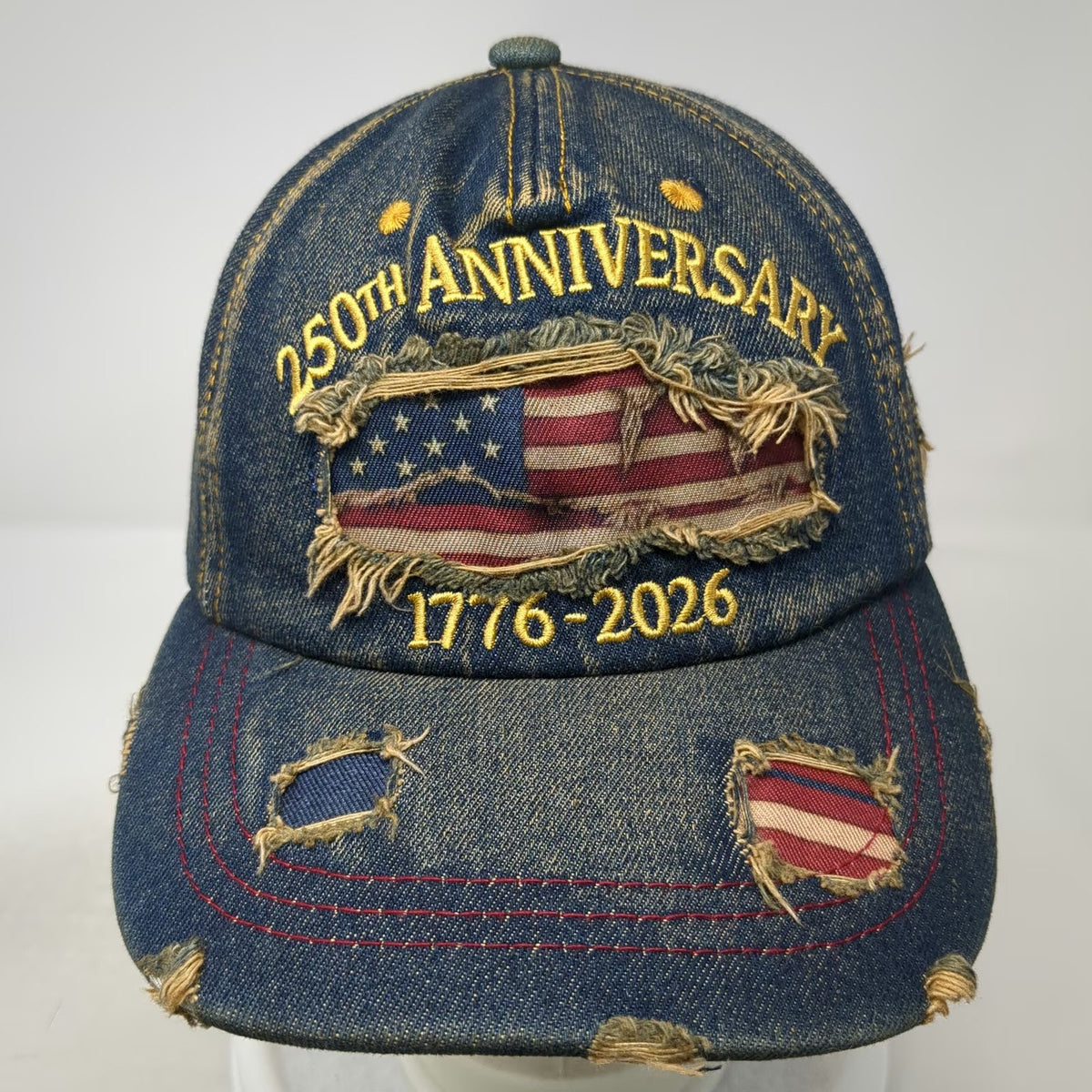5 Panel Blue One Size Hat 250th Anniversary USA Flag 1776-2026 Denim Slideback