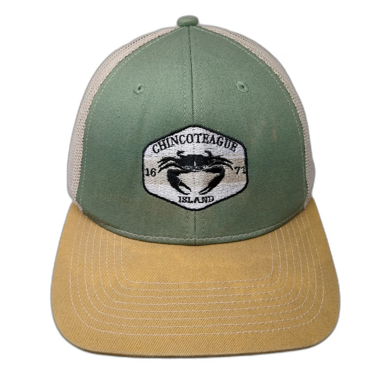 Outdoor Cap Chincoteague Island Crab Trucker Hat One Size Green Yellow Snapback