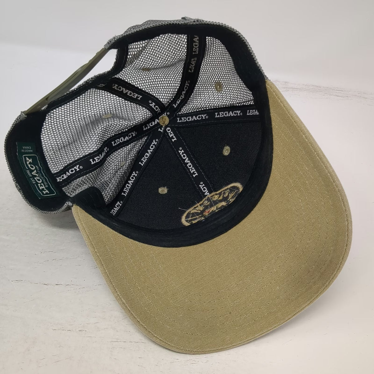 Legacy Trucker Hat Blue Beige One Size Big Sky Montana Bear Patch Mesh Back