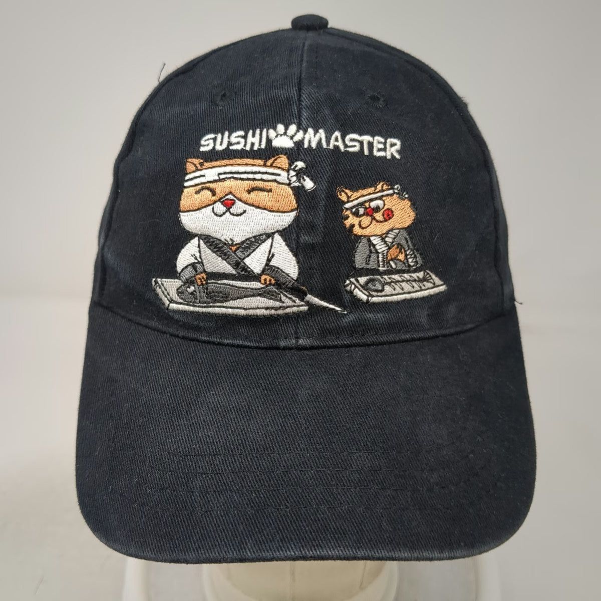 Sushi Master Cat Graphic Baseball Cap Black One Size Strapback Novelty Chef Hat