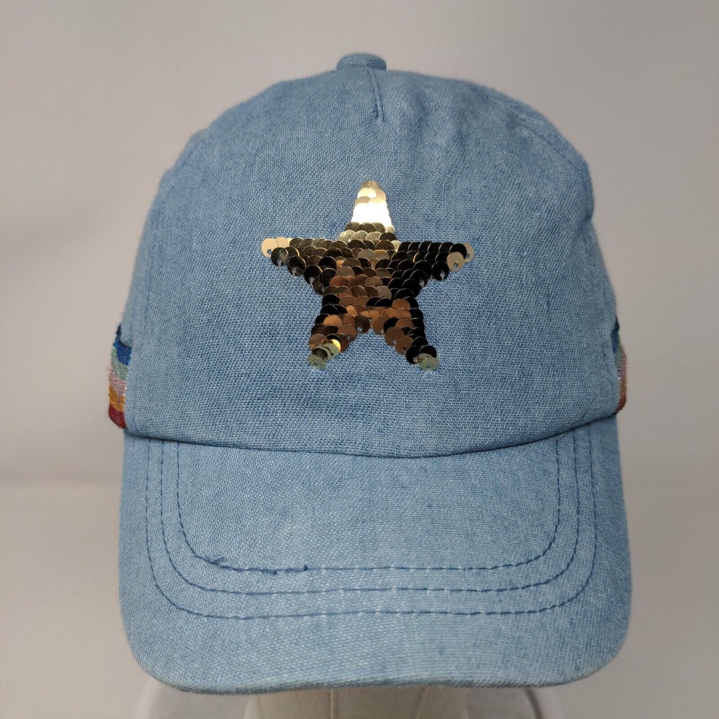 Star Sequin Strapback Hat Blue One Size Adjustable Striped Trim 5 Panel