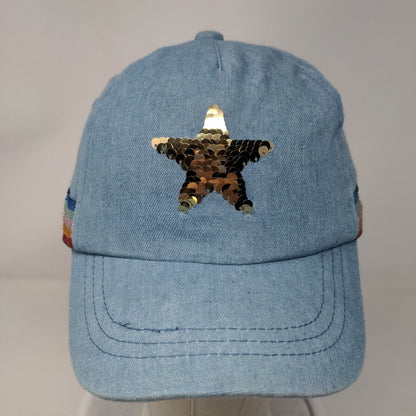 Star Sequin Strapback Hat Blue One Size Adjustable Striped Trim 5 Panel