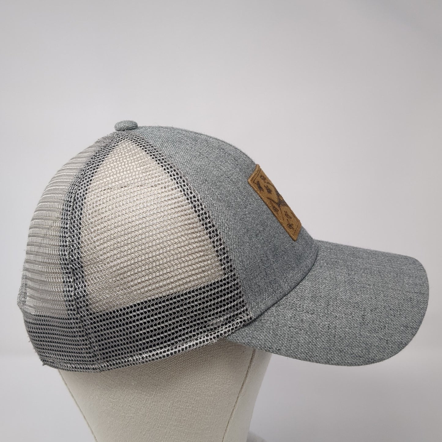 Yeti Fish Leather Patch Snapback Trucker Hat Gray One Size Mesh Back