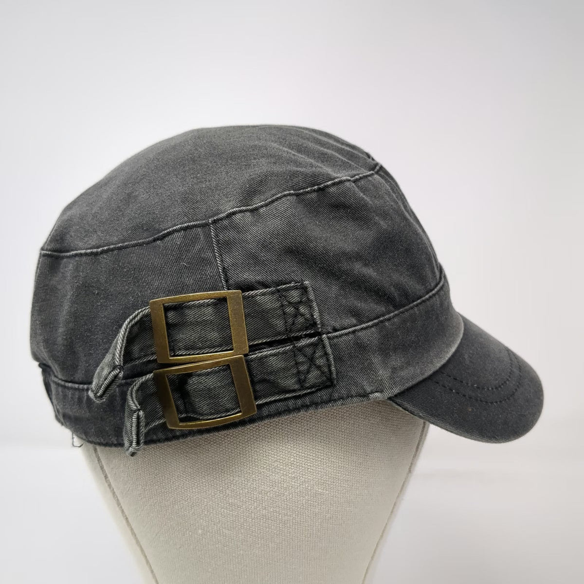 Army Cap Gray One Size Side Buckles Elastic Back Faded Flat Top Cotton Hat