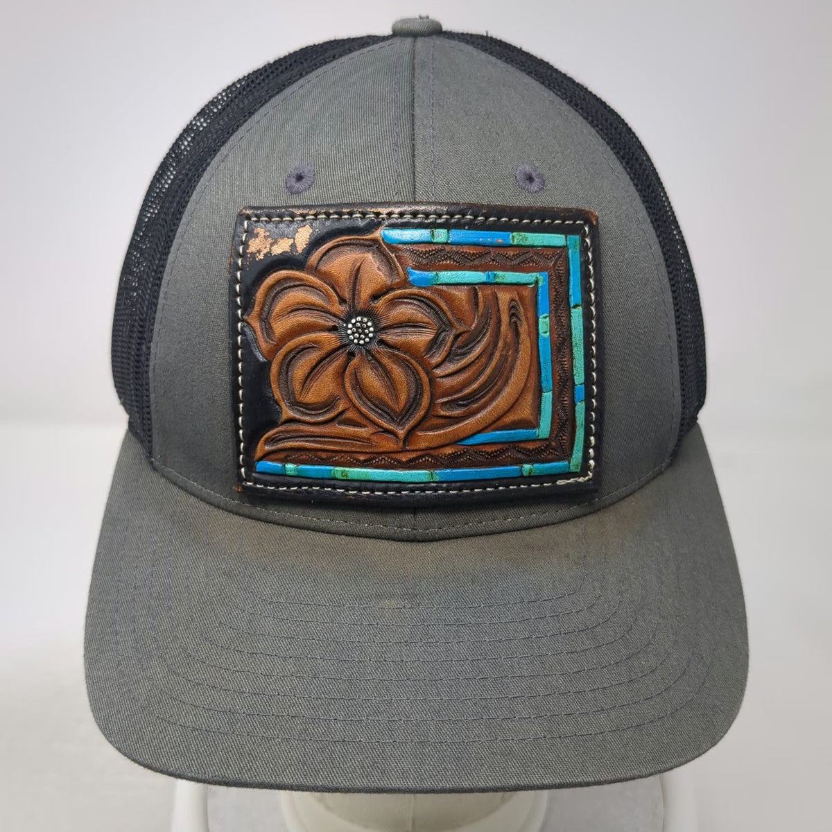 Richardson Trucker Hat Gray L Leather Floral Patch Western Blue Mesh Snapback