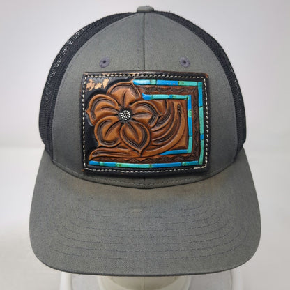 Richardson Trucker Hat Gray L Leather Floral Patch Western Blue Mesh Snapback