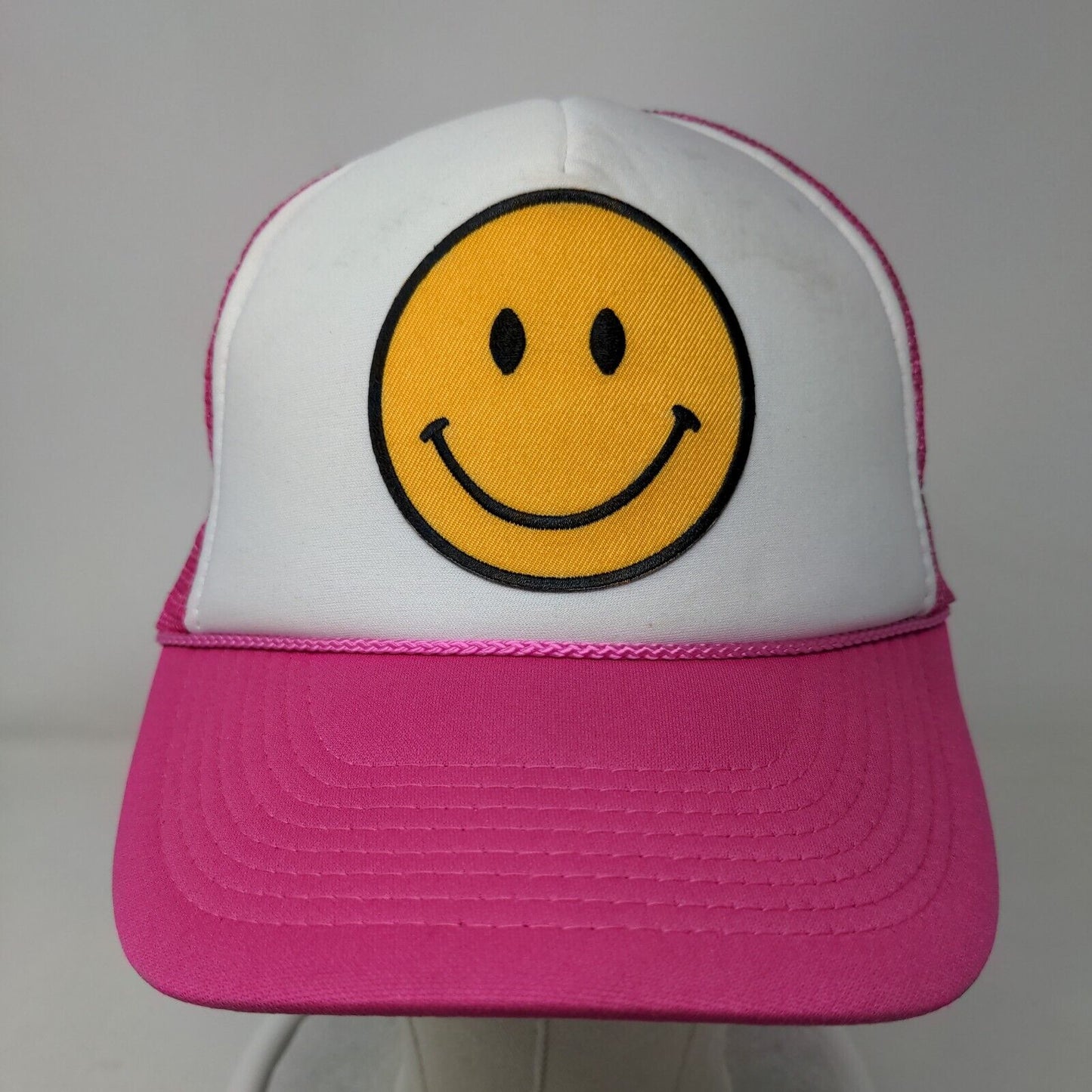 Smiley Emoji Embroidered Snapback Trucker Hat Pink One Size Mesh Back Rope