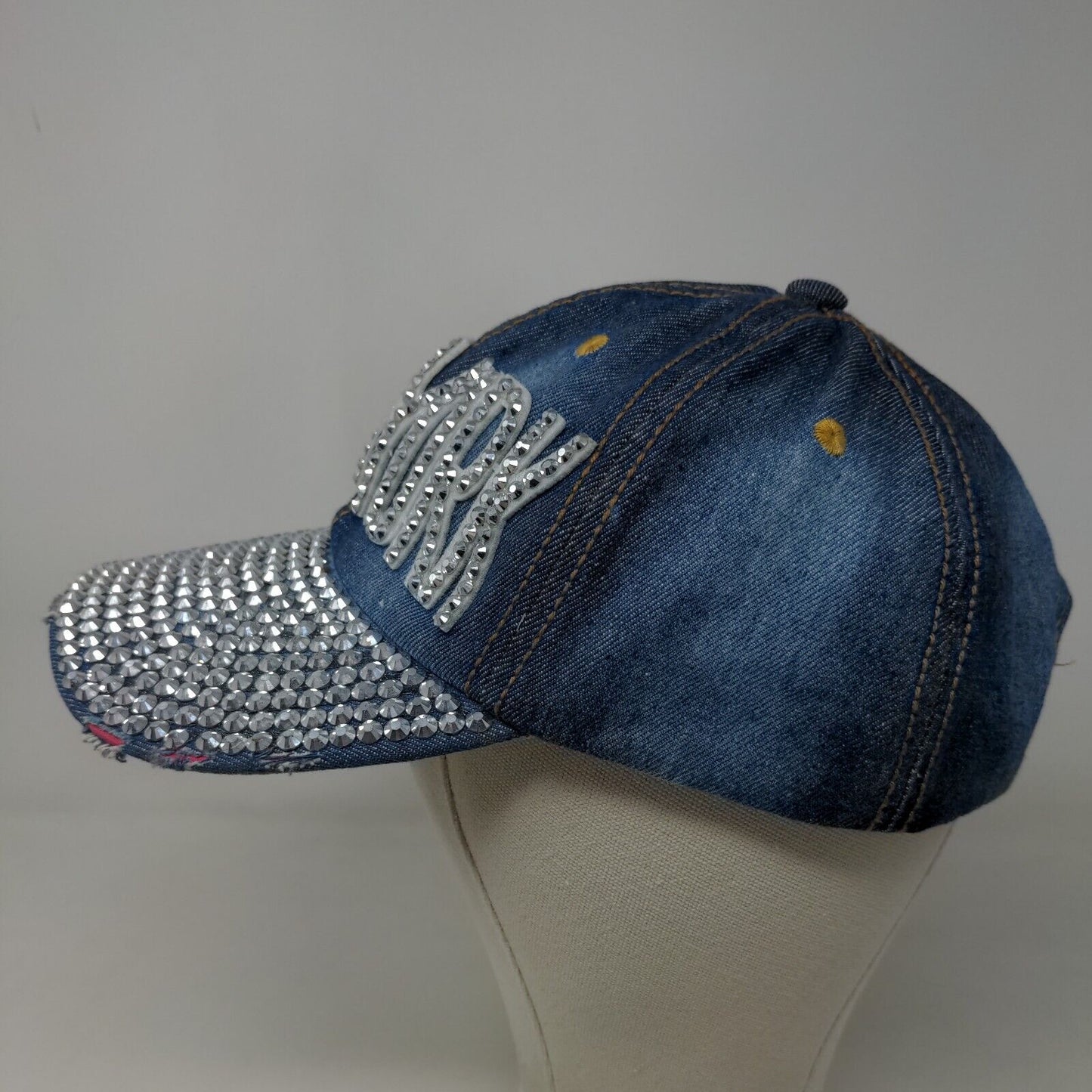 Unbranded Women's Slideback Hat Blue Denim New York Big Bling Rhinestones Cotton