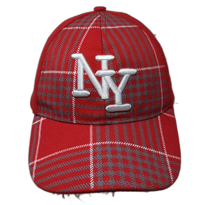 Red Baseball Cap One Size NY Logo Plaid Houndstooth Strapback Adjustable Hat