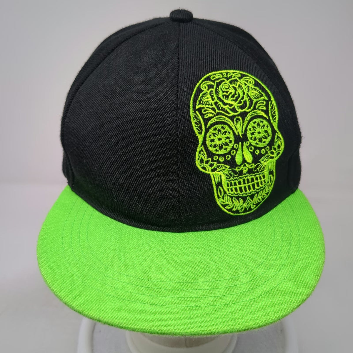 Six Flags Baseball Cap Black Green One Size Sugar Skull Day of the Dead Hat