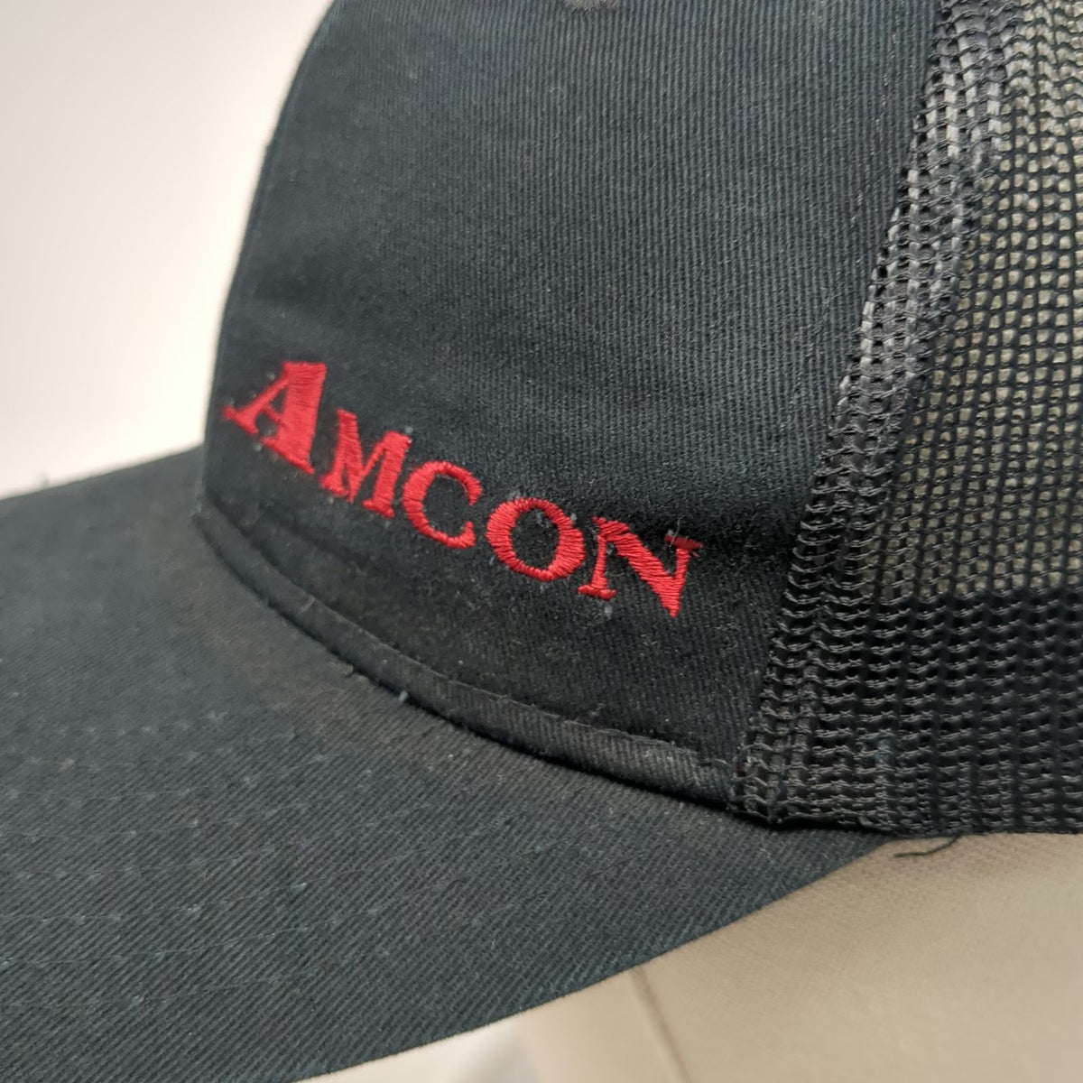 Port Authority Trucker Hat Black OSFM AMCON Red Logo Mesh Snapback Distressed