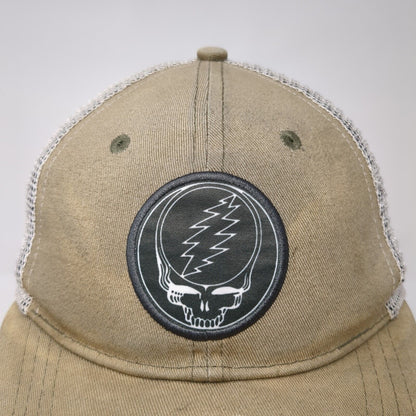 Three In Grateful Dead Snapback Mesh Bag Hat Tan OSFA Embroidered Skull Logo
