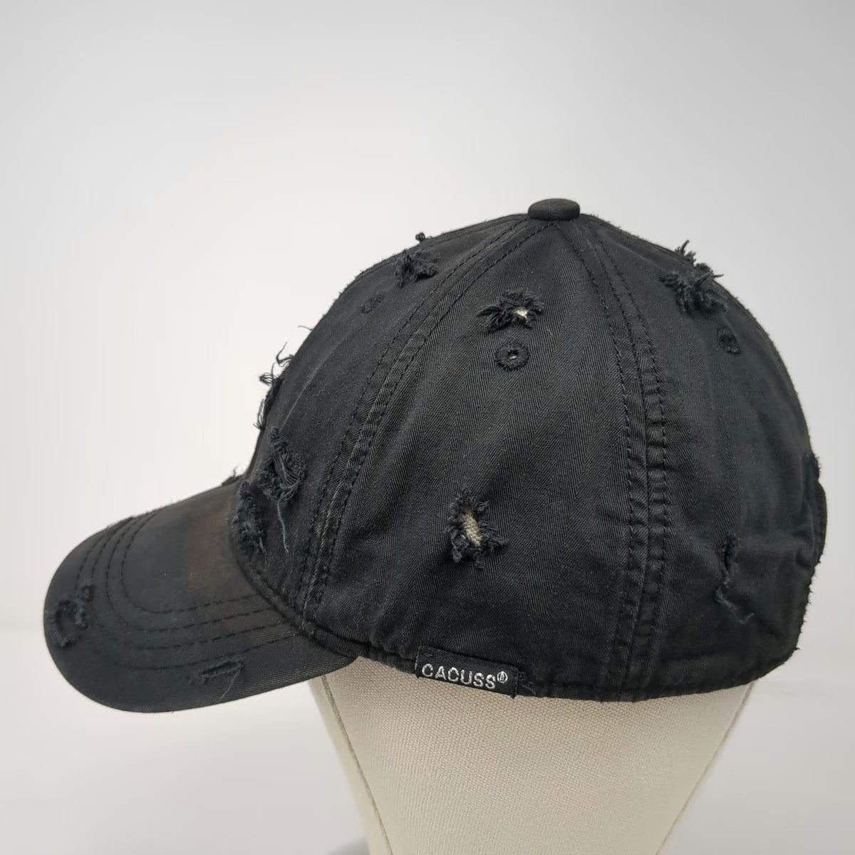 Cacuss Baseball Cap Black One Size Distressed Ripped Frayed Cotton Slideback Hat