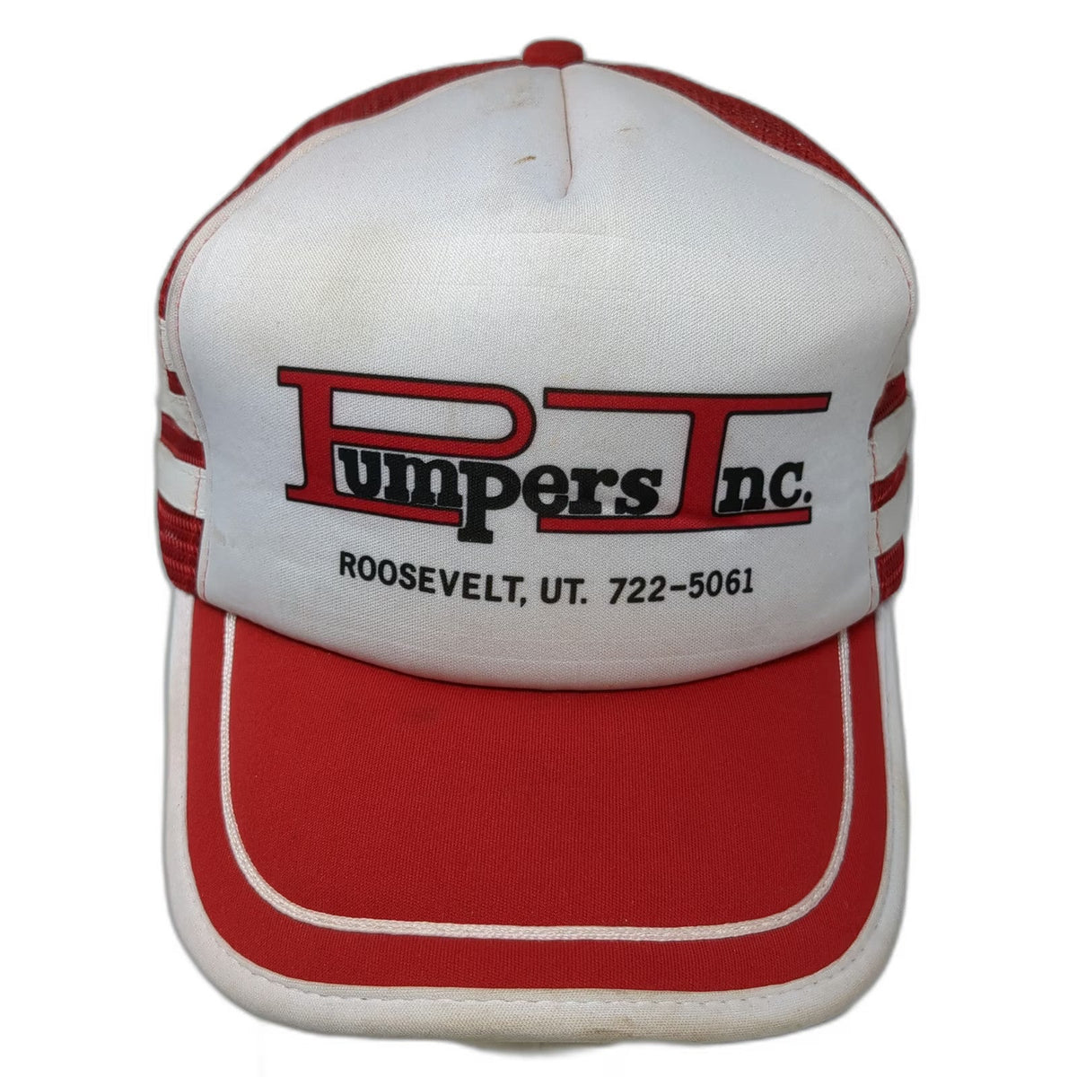 San Sun Trucker Hat Red White One Size Snapback Pumpers Inc Roosevelt UT Striped