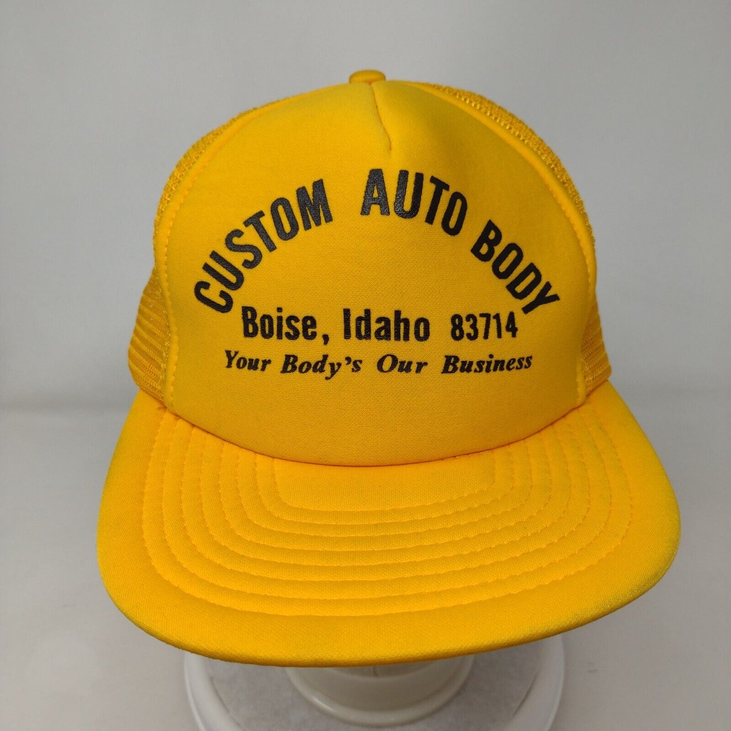 Custom Auto Body Boise Idaho Snapback Trucker Hat Yellow OSFA Mesh Back Vintage