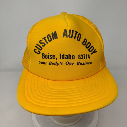 Custom Auto Body Boise Idaho Snapback Trucker Hat Yellow OSFA Mesh Back Vintage